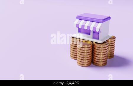 Magasin de supermarché sur l'empilage des pièces de monnaie dorées sur fond violet. Concept financier et économique. 3D rendu d'illustration Banque D'Images