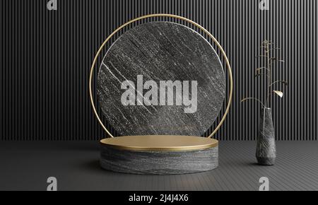 Podium en marbre noir gris or et blanc de luxe pour le fond du modèle de publicité des cosmétiques.Concept de maquette d'objet et d'entreprise.3D illustration rend Banque D'Images