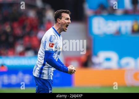 Leverkusen, BayArena, 02.04.22: Vladimir Darida (Berlin) jubelt nach einem Tor im Spiel der 1.Bundesliga Bayer 04 Leverkusen vs Hertha BSC Berlin FO Banque D'Images