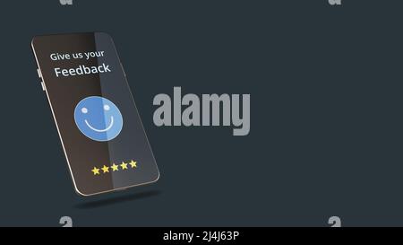 smartphone avec page de commentaires et icône d'évaluation excellente, concept d'évaluation du service client, évaluation de la qualité du service ou examen du produit, espace de copie Banque D'Images