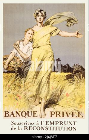 Une affiche publicitaire française du début du 20th siècle montrant la victoire, avec son bras autour d'un garçon qui porte un panier de fruits à travers un champ de blé, derrière lequel se trouve un village en ruines. L'artiste est René Lelong (1871-1938). Banque D'Images