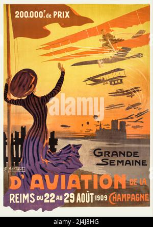 Une affiche publicitaire française du début du 20th siècle pour un spectacle aérien à Reims, en France, montrant une femme qui agite avec un homme pilotant un biplan comme d'autres avions, y compris des monoptères, des biplanes et des ballons, survole la cathédrale notre-Dame de Reims. L'artiste est Ernest Montaut (1879-1936) Banque D'Images