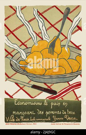 Une affiche publicitaire française de 1916 montrant une plaque de pommes de terre à la vapeur. L'artiste est Yvonne Vernet Banque D'Images