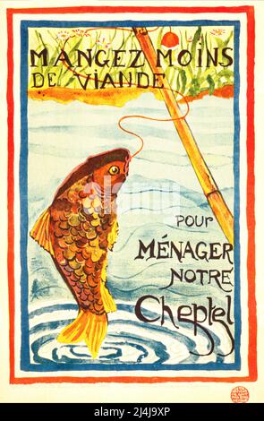 Une affiche publicitaire française de 1918 montrant un poisson à l'extrémité d'une ligne qui pend d'un poteau de pêche avec ruisseau en arrière-plan. Artiste inconnu Banque D'Images