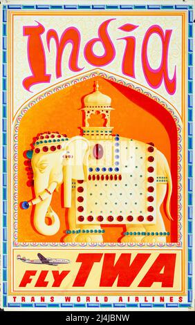 Vintage 1960s Travel Poster Fly TWA, Inde, TWA – Trans World Airlines. Affiche haute résolution. Art par David Klein c 1960. Banque D'Images