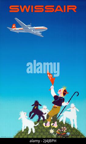 Affiche de voyage vintage 1950s , Swissair - Donald Brun -1954 Banque D'Images