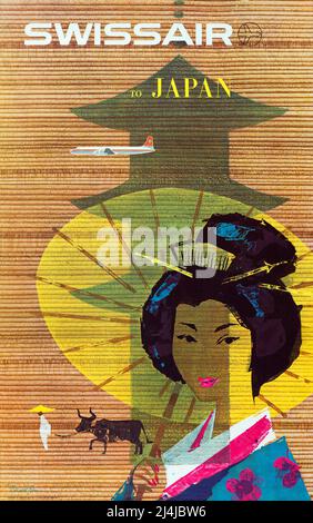 Affiche de voyage vintage 1950s - Swissair - au Japon - Donald Brun -1958 Banque D'Images