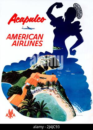 Vintage 1950s Travel Poster - American Airlines - Acapulco - par Fred Ludekens - 1950 Banque D'Images