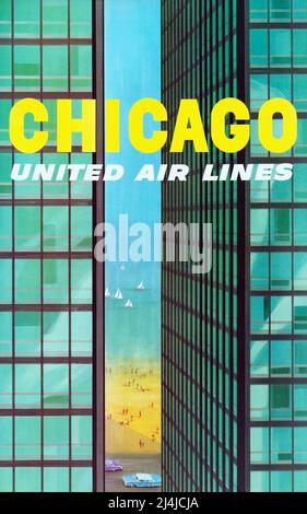 Vintage années 60 Voyage affiche - Chicago - United Air Lines - par Stan Galli Banque D'Images