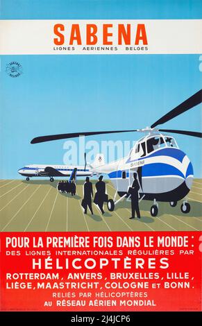 Vintage 1950s SABENA Airline poster de voyage - hélicoptères Banque D'Images