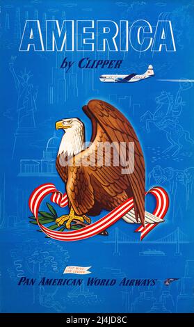 Affiche de voyage vintage - America by Clipper 1950s Banque D'Images