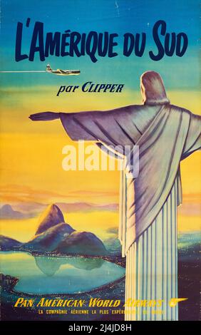 AFFICHE DU MONDE PANAMÉRICAIN VINTAGE DE CLIPPER affiche originale de Pan American World Airways des années 1950 pour l'Amérique du Sud par Clipper Banque D'Images
