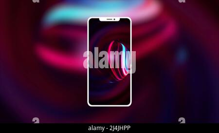 Le téléphone est dans l'abstraction. Mouvement. Arrière-plan rose vif avec des nuances de bleu au premier plan du téléphone avec le même économiseur d'écran que le Banque D'Images