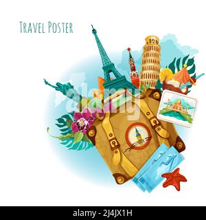 Les monuments du monde voyagent en arrière-plan avec des billets de voyage en valise et en fleur illustration vectorielle Banque D'Images