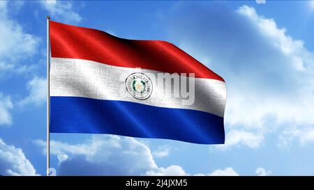 Paraguay drapeau national agitant dans le vent, boucle sans couture. Mouvement. Tissu drapeau blanc, bleu et rouge sur fond bleu ciel nuageux. Banque D'Images