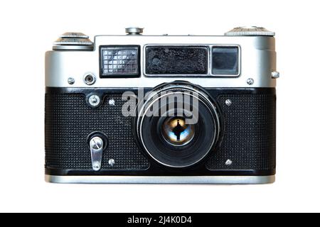 Ancienne caméra soviétique sur fond blanc isolé. Rétro, vintage. Banque D'Images