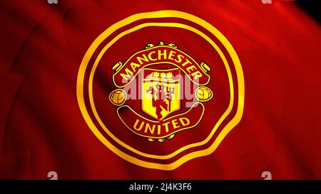 Drapeau rouge et doré de Manchester United, boucle sans couture. Mouvement. Gros plan sur le tissu abstrait de drapeau rippant, concept de sport. Pour usage éditorial Banque D'Images