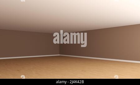 Coin intérieur vide avec murs en stuc brun, plafond blanc, parquet clair et un Plinth blanc. Chambre vide non meublée. Vue en perspective. 3d ren Banque D'Images