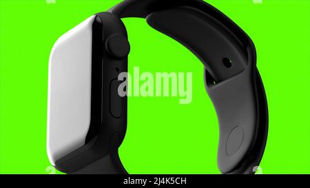 Arrière-plan vert et lumineux. Mouvement. Les montres Apple en noir qui sont boutonnées sont faites dans l'abstraction. Banque D'Images