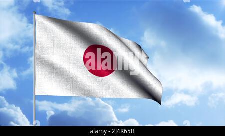 Magnifique drapeau de 3D sur le mât. Mouvement. Le drapeau du pays ou de l'État se déplace sur fond de ciel bleu. Le drapeau du Japon s'envole patriotiquement Banque D'Images