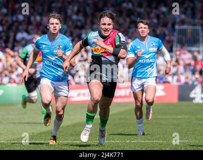 LONDRES, ROYAUME-UNI. 16th avril 2022. Cadan Murley de Harlequins lors du match DE la COUPE DU défi EPCR entre Harlequins et Montpellier au stade Twickenham Stoop, le samedi 16 avril 2022. LONDRES, ANGLETERRE. Credit: Taka G Wu/Alay Live News Banque D'Images