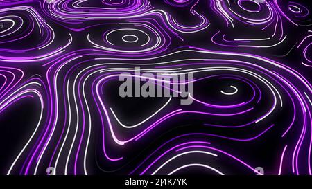 Abstraction. Mouvement. Des lignes fines épaisses en vert clair et violet apparaissent à côté des lignes blanches sur un fond noir. Banque D'Images