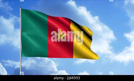 Magnifique drapeau de 3D sur le mât. Mouvement. Le drapeau du pays ou de l'État se déplace sur fond de ciel bleu. Le drapeau du Cameroun vole patriotiquement Banque D'Images