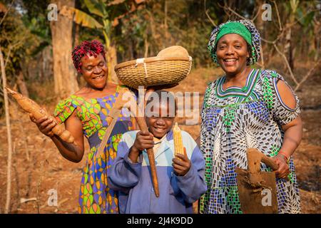 Groupe d'agriculteurs africains ont du plaisir dans les champs, ils ont des houes dans leurs mains et ils sont prêts à labourer le champ, l'enfant avec le panier de cultures sur Banque D'Images