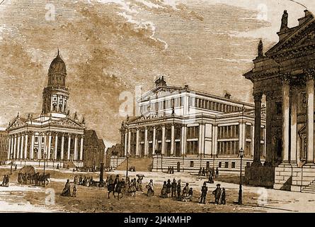 Une gravure britannique de 19th siècles de gensdarmenmarkt, Berlin, Allemagne avec le Théâtre Royal (à gauche) et la Nouvelle église. La place Gendarmenmarkt est le site d'un intérêt architectural avec des bâtiments remarquables tels que la salle de concert de Berlin, les églises françaises et allemandes et une statue du poète Friedrich Schiller. Il a été construit dans les années 1600 par Johann Arnold Nering comme le Linden-Markt et reconstruit par Georg Christian Unger en 1773. Son nom est dérivé du régiment de cuirassier Gens d'armes, qui avait des écuries ici jusqu'en 1773. Les bâtiments actuels ont été restaurés après avoir été endommagés pendant la Seconde Guerre mondiale Banque D'Images