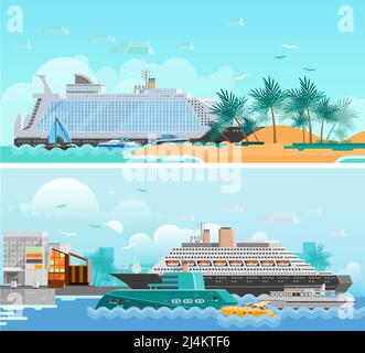 Banderoles horizontales plates de vacances de croisière avec doublures de passagers au sud illustration vectorielle des hôtels modernes et des voiliers de plage Illustration de Vecteur