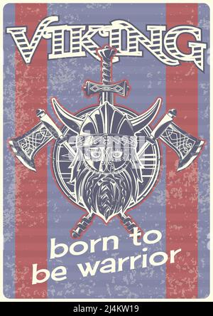 Affiche vintage avec illustration d'un viking avec des axes et un bouclier. Illustration de Vecteur