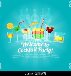 Affiche sur les boissons alcoolisées avec illustration vectorielle de verres à cocktail colorés plats Illustration de Vecteur