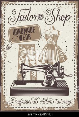 Affiche avec illustration d'un pantalon, d'un mannequin et d'une machine à coudre sur fond vintage. Illustration de Vecteur