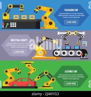 Mains robotiques de convoyeur d'automatisation industrielle pour la fabrication de bannières horizontales orthogonales avec emballage et chaîne de montage vecteur illu isolé plat Illustration de Vecteur