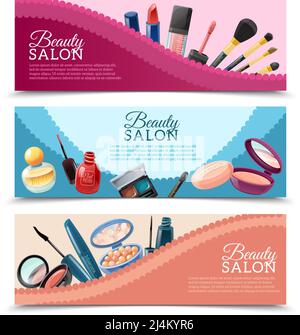 Salon de beauté publicité 3 bannières horizontales ensemble avec cosmétiques et accessoires de maquillage illustration vectorielle isolée réaliste Illustration de Vecteur