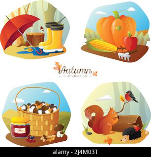 Automne saison 4 icônes affiche carrée avec campagne de récolte et accessoires de randonnée en forêt caricature vecteur isolé illustration Illustration de Vecteur