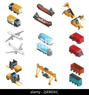 Ensemble d'icônes isométriques de transport de fret aérien et maritime véhicules avec différentes machines de chargement illustration vectorielle isolée Illustration de Vecteur