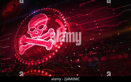 Concept numérique du pirate du crâne, de la cyberattaque en ligne, du piratage, des menaces et des failles de sécurité. Réseau, cyber-technologie et informatique résumé Banque D'Images