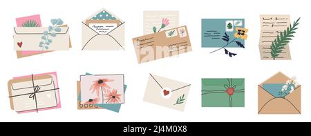 Enveloppes Doodle.Les lettres en papier artisanal sont scellées ou ouvertes.Lettres vectorielles, posters et cartes postales Illustration de Vecteur