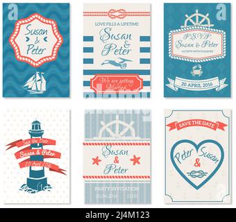 Cartes d'invitation de mariage plates de style nautique avec marine décoration de phare vagues de la mer éléments de barre illustration vectorielle isolée Illustration de Vecteur