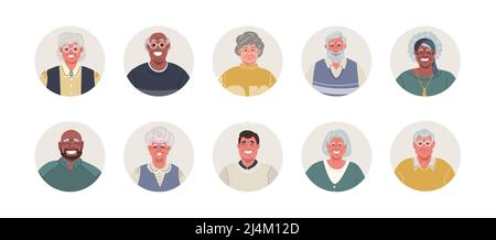 Ensemble d'avatars ronds de personnes âgées souriantes diverses.Illustration vectorielle plate. Illustration de Vecteur