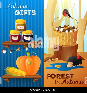 Banderoles verticales d'automne plates avec confiture de légumes de saison et illustrations vectorielles isolées des animaux de la forêt Illustration de Vecteur