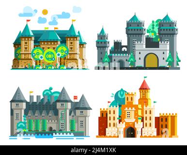 Châteaux colorés à l'époque médiévale avec tours et dômes dans une illustration vectorielle isolée de style plat Illustration de Vecteur