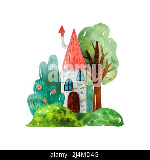Aquarelle des illustrations de petite maison, de buissons et d'arbres dans la forêt isolée sur un fond blanc. Maison rustique de conte de fées Banque D'Images