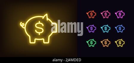 Icône de la boîte d'argent néon. Banc de pigeonny au néon lumineux avec signe dollar, pictogramme de la moneybox. Piggybank, investir et économiser de l'argent, de financer le capital et Illustration de Vecteur
