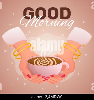 Les mains d'une jeune femme avec des manches blanches, bracelets or, et manucure rose sur ses ongles tiennent une tasse de café avec bonne phrase du matin. Illustration de la vue en gros plan. Café sur invitation. Illustration de Vecteur