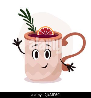 Grande tasse à café Vector avec boisson chaude. Vin chaud au romarin et à l'orange. Drôle de personnage de mug de dessin animé avec le sourire. Illustration de Vecteur