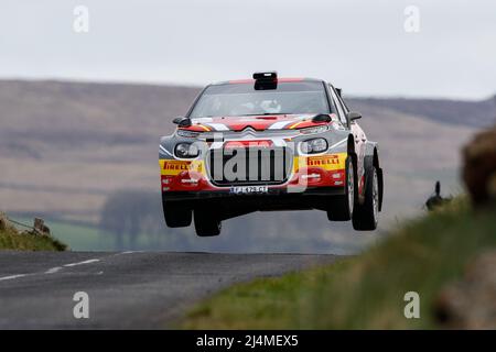 16th avril 2022, Ballymena, County Antrim, Irlande du Nord, Royaume-Uni; Circuit of Ireland International Rally, Round 3 du Irish Tarmac Rally Championship: Jonathan Greer et Darragh Mullen (Citroen C3 Rally 2) ont remporté la quatrième place dans l'ensemble Banque D'Images