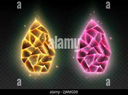 Pierres précieuses brillantes, cristaux jaunes et roses, œufs de dragon isolés sur fond noir. Illustration de Vecteur