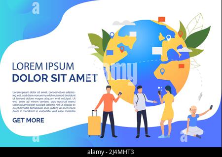 Page de diapositives avec illustration du vecteur globe, de déplacement et de communication des personnes. Réseau, navigation, destination. Concept de voyage. Conception pour websit Illustration de Vecteur